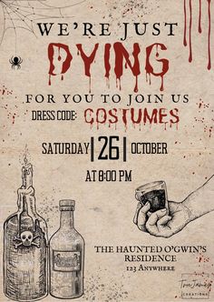 a flyer for a halloween party with hand holding a wine glass and bottle in front of it