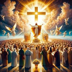 a painting of jesus on the cross surrounded by people in front of him and doves