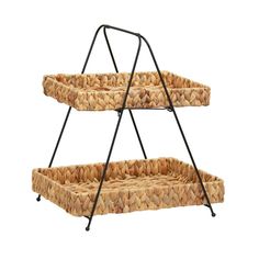 three tiered basket stand with two baskets on each side and one shelf attached to the bottom