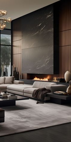 modern living room with fireplace and large windows