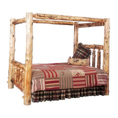 a bed made out of logs with a plaid blanket on the bottom and pillows at the foot