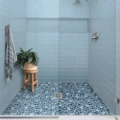 a blue tiled shower with a plant in the corner and a stool on the floor