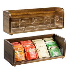 two wooden spice racks filled with different types of spices and seasonings, each holding three bags of coffee