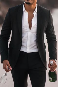 Black Mens Suits Wedding, Mens Black Suit White Shirt, Casual Black Suit Ideas For Men, All Black Suit Men Aesthetic, No Tie Suit Style, Black And White Suit For Men Wedding, Men Wedding Outfit Black, Non Traditional Mens Wedding Attire, Mens Black Suit Outfit Wedding