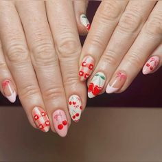 Nail Ideas Coquette, Cherry Nails Design, Coquette Nail Ideas, Opi Big Apple Red, Coquette Nail, Almond Acrylic Nails Designs, Unicorn Nail Art, Cherry Nail Art, Camo Nails