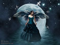 a woman in a dress with wings standing on the water under a full moon and stars