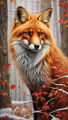 a painting of a fox in the woods with autumn leaves on it's branches