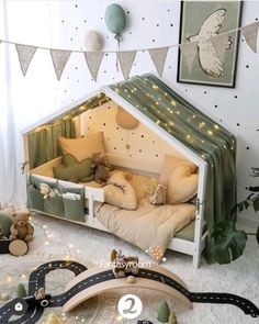 Montessori Sand Trays & Natural Toys Childs Room Aesthetic, Boy Toddler Bedroom Ideas, Diy Montessori Bed, Floor Bed Ideas For Adults, White Bed Canopy, Toddler Bed Frame, House Beds For Kids, Toddler Floor Bed, Boho Kids Room