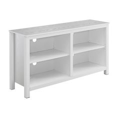 a white tv stand with two shelves on each side