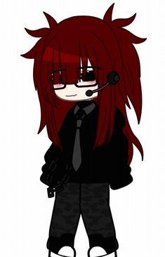 an anime character with long red hair and black clothes, holding a phone to his ear