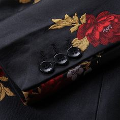 The black two-piece suit with red and gold peony embroidery is a masterpiece of sartorial elegance and creative expression. This suit has been meticulously crafted to capture the essence of opulence with an exotic touch.The rich red and gold peony embroidery complements the dark black hue to create a visual masterpiece that emanates sophistication and luxury. Whether you're attending a formal gala, a special event, or a magnificent celebration, this suit guarantees you'll make a statement and le Pearl Necklace Aesthetic Men, Red And Gold Suit, Proportion Design, Men's Black Suit, Peony Embroidery, Mens Aesthetic, Rock Style Outfits, Vintage Wedding Party, Gold Suit