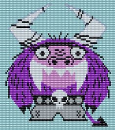 an image of a cross stitch pattern of a purple monster with big eyes and horns