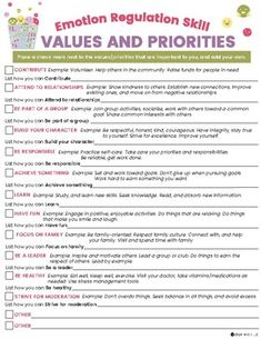 Values And Priorities 1-page printable DBT worksheet. This emotion regulation worksheet invites students to explore and identify values and priorities that are important to them. Their selections can then be used to support decision making for improved mood, or in relationships. This worksheet is a nice supplement to my Accumulate Positive Emotions handout.8.5"x11" digital download printable and fillable PDFWant more resources like this? Check out my full catalog of DBT worksheets and handouts here.Related Products:DBT Coping Skills BundleThank You! I really appreciate your interest in this product! I love to design and create new things to support the emotional and behavioral health of kids and teens! It would  mean so much to me if you left a kind review and rating after purchasing a pro Dbt Worksheet, Dbt Skills Worksheets, Cbt Therapy Worksheets, Mental Resilience, Emotion Regulation, Self Esteem Activities, Motivational Interviewing, Life Coaching Business