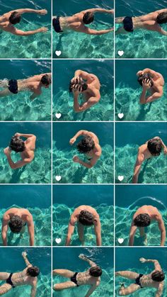 multiple shots of a man swimming in the water with his hands on his hips and arms out