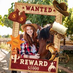 a woman standing next to a horse in front of a wanted reward sign for $ 1, 000