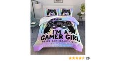 a bed with a video game controller printed on the comforter and pillow cover set