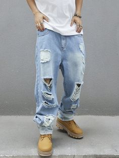 Light Wash  Collar  Denim Plain Straight Leg Embellished Non-Stretch  Men Clothing Cheap Urban Men's Jeans, Rugged Denim Blue Jeans For Streetwear, Pre-washed Denim Jeans For Streetwear, Men’s Ripped Jeans, Pre-washed Faded Jeans For Streetwear, Mens Denim, Ripped Jeans, Mens Jeans