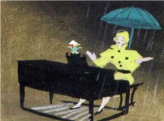 a painting of a woman sitting at a piano in the rain with an umbrella over her head