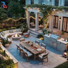 an outdoor dining area is lit up with string lights and surrounded by stone patio furniture