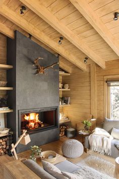 a living room filled with furniture and a fire place in the middle of a room