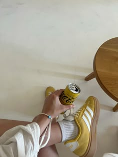 yellow / pink adidas sambas, court alphas Yellow Samba Outfit, Yellow Samba, Adidas Samba Yellow, Yellow Sambas, Yellow Adidas Shoes, Adidas Yellow, Colorful Sambas, Yellow Adidas, Yellow Violet