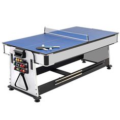 a ping pong table with two balls and rackets on it's legs