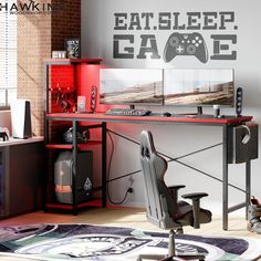 a gaming room with a desk, chair and computer monitor on the wall that says eat sleep game