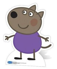 an animal with a purple shirt is standing on top of a sticker that says, i