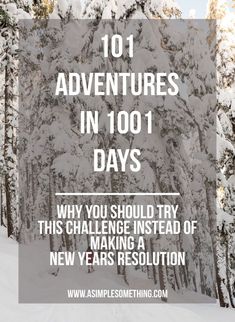 trees covered in snow with the words 101 adventures in 1001 days, and an image of