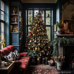 a decorated christmas tree in the corner of a living room with blue walls and windows