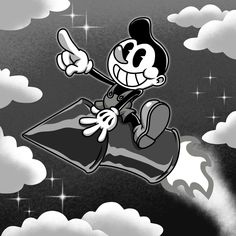 mickey mouse flying through the sky with clouds