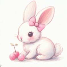 Coquette white bunny with bow, trendy, soft art, kawaii art, cute color pencil sketch, Japanese art, Korean art Cute Drawings Of Rabbits, Cute Animals Aesthetic Drawing, Drawing Cute Rabbit, Cute Rabbit Painting, Couqutte Aesthetic Drawing, Cute Drawings Rabbit, Coquette Animals Painting, Pink Bunny Drawing, Cute Drawings Bunny