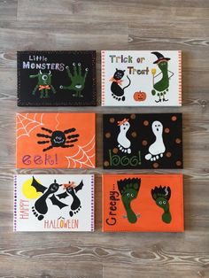 four halloween cards with different designs on them