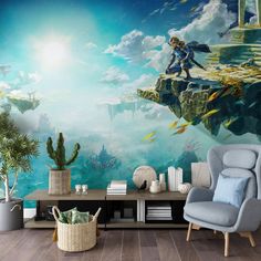 a living room with a large mural on the wall and a chair in front of it