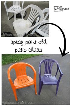 two plastic chairs that have been painted orange and purple