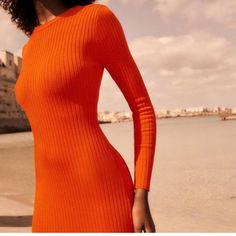 New Without Tags Summer Knit Dress, Knit Summer Dress, Zara Brand, Zara Woman Dress, Zara Knit, Dress Orange, Zara Sweater, Knit Midi, Knit Midi Dress