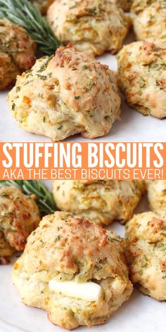 stuffed biscuits on a plate with rosemary sprigs and the words stuffing biscuits aka the best biscuit ever