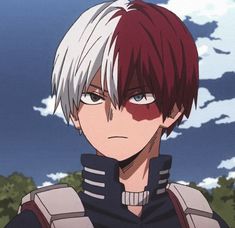 an anime character with white hair and red eyes looks at the camera while standing in front of trees