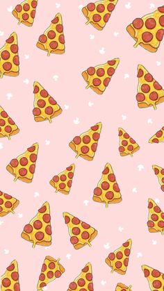 a pink background with many slices of pizza on it