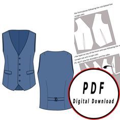 the front and back view of a blue vest with buttons on it, next to a digital