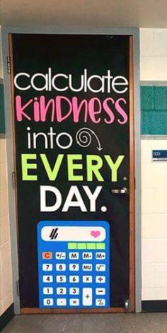 a chalkboard with the words calculator, kindness and every day written on it