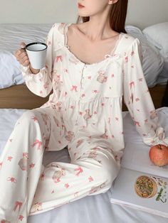 Women's Sweet Bow Print Ruffle Trim Long Sleeve Top And Pants Pajama Set Beige Cute    Plants,All Over Print  Non-Stretch All Women Sleep & Lounge, size features are:Bust: ,Length: ,Sleeve Length: Feminine Long Pants Sleepwear For Pajama Party, Feminine Sleepwear With Long Pants For Pajama Party, Cute Plants, Stand Collar Top, Cute Sleepwear, Bow Print, Solid Color Pants, Soft Pajamas, Simple Blouse