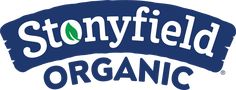 the logo for stonyfield organic is shown in blue and white with green leaves on it