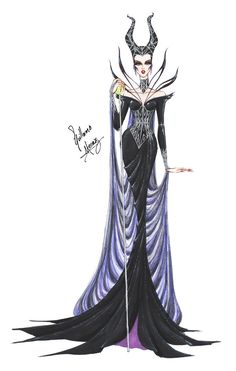 a drawing of an evil queen in black and purple dress with horns on her head