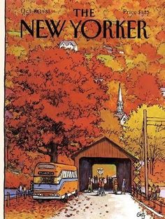 an advertisement for the new yorker in autumn, with people walking on the road