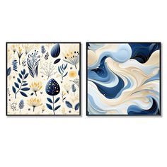 two paintings with blue and white designs on them