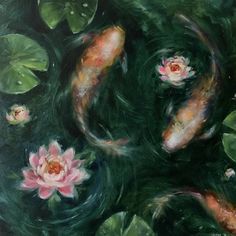 an oil painting of koi fish and lily pads