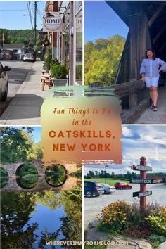 a collage of photos with the words fun things to do in the catskills, new york