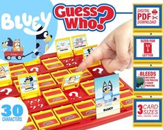 the bluey guess who game is being played by someone's hand and has several cards