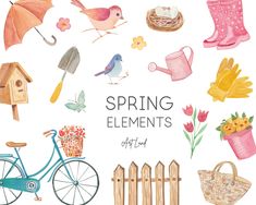 watercolor spring elements with flowers, umbrellas, birdhouse, watering can and bicycle